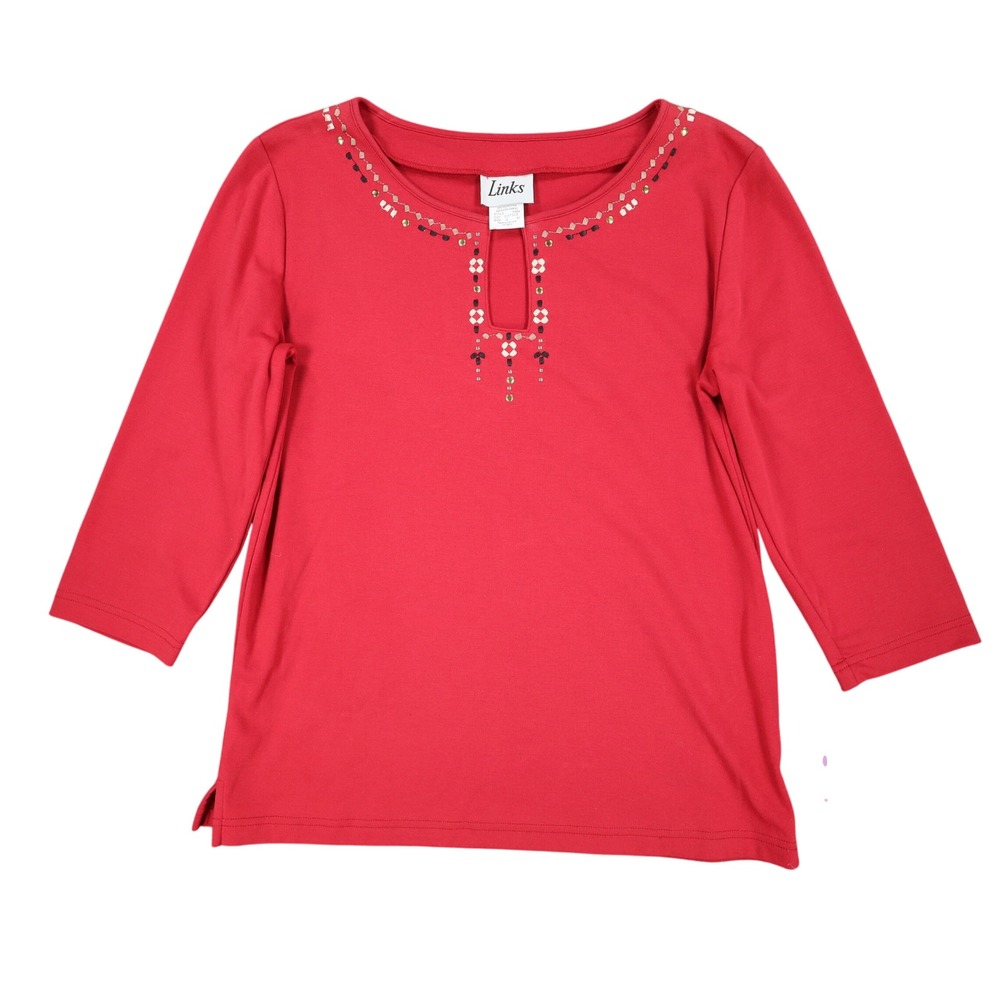Links Top Womens Small Red Beaded Keyhole Neckline 3/4 Sleeve Cotton Spandex